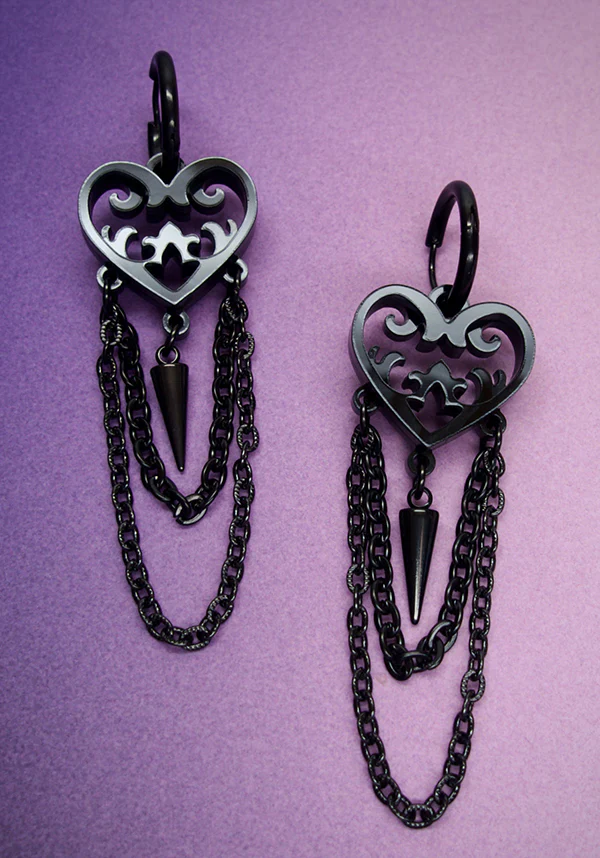 Ornate Gothic Heart [Black] | EARRINGS - Image 3